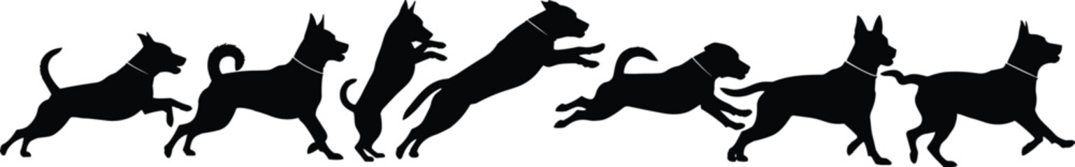 Sequence of dog running and jumping, energetic pet movement, silhouette illustration, agility pose, black vector artwork, active animal concept