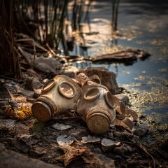 Gas Masks Resting on a Rocky Shore Near a Murky Water Body