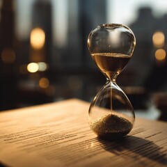 Glass hourglass on a document with blurred city background