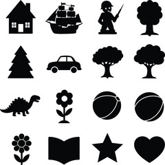 Generic Object Silhouettes Vector Collection for Kids' Education and Playful Design - House, Ship, Soldier, Trees, Car, Dinosaur, Flowers, Balls, Book, Star, Heart.
