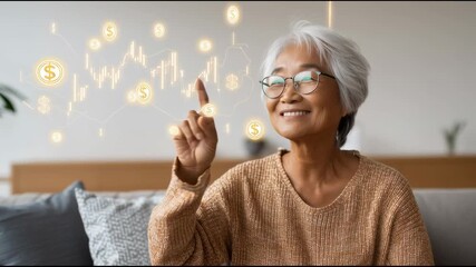 Senior Asian woman smiling while pointing at projected UI showing stock market trends, cryptocurrency symbols, and dollar signs floating mid-air in a minimalist living room
 - Powered by Adobe