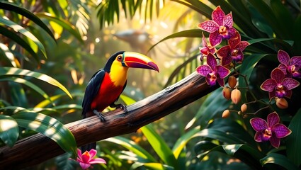 Vibrant Toucan on Tropical Branch with Exotic Orchids in Rainforest Jungle