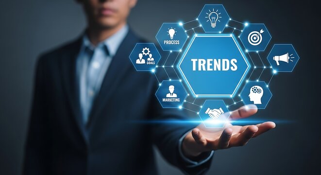 Businessman interacting with digital network of trends and business icons