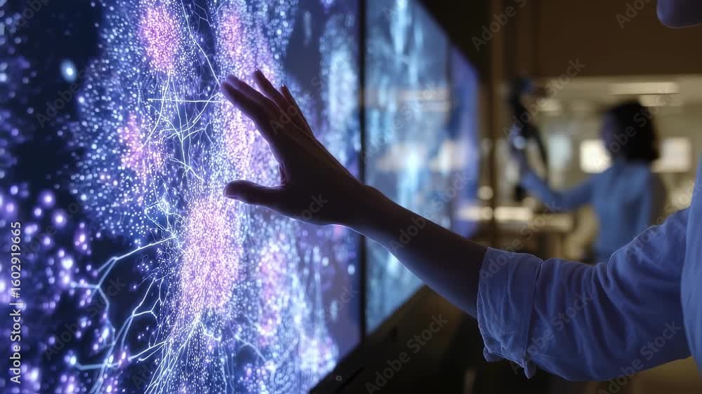 Poster Closeup of a handson data scientist interacting with a large touchscreen interface visualizing complex microbiome data. The background features a collaborative atmosphere of the startup