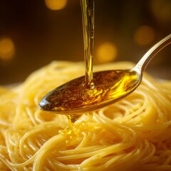 Golden Olive Oil Drizzling Over Spaghetti Noodles in Warm Light