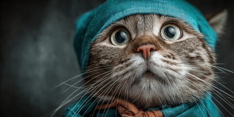 Adorable Cat in Blue Hat Looks Curious