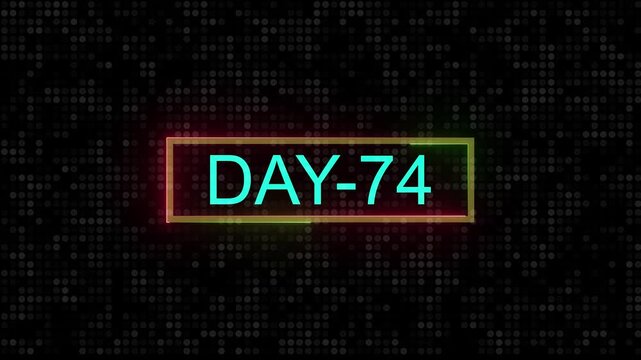 DAY 74. Day Text Animation Videos On Black Background. 74. Day To Go neon white Logo Animation Videos. text animation with white font against a solid black background centered ...
