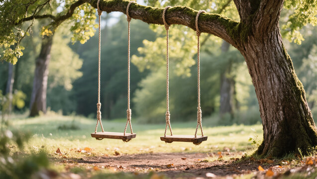 Two empty rope swings hanging from tree branch in peaceful sunlit forest clearing