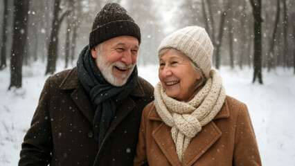Fototapeta premium Christmas senior couple smiling together during snowy winter walk in forest in warm clothes