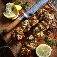 Grilled Chicken Skewers with Lemon Slices and Fresh Herbs