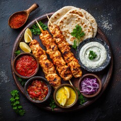 Grilled Chicken Skewers with Dipping Sauces and Flatbreads