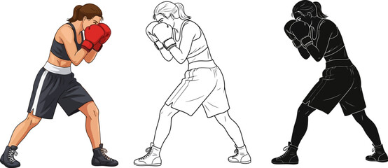 Female boxer training vector illustration boxing stance and outline silhouette art