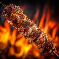 Grilled Skewered Meat with Charred Texture and Fiery Background