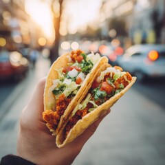 Hand Holding Fresh Tacos with Colorful Ingredients in Street Scene