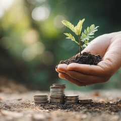 Hand Holding Seedling Above Stacked Coins on Ground Background