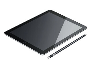 Tablet computer and stylus on transparent background.