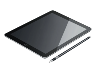 Tablet computer and stylus on transparent background.