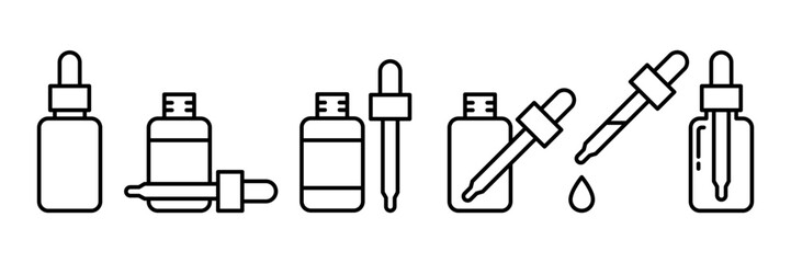 Dropper bottle icon set. Dropper serum or essential oil bottle with pipette icons. Dropper serum logo, label, badge, sticker, symbol, emblem, black, line, vector, isolated on white background.