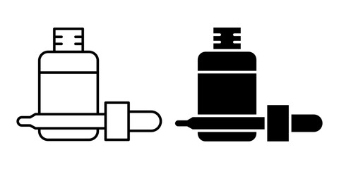 Dropper bottle icon set. Dropper serum or essential oil bottle with pipette icons. Dropper serum logo, label, badge, sticker, symbol, emblem, black, line, vector, isolated on white background.