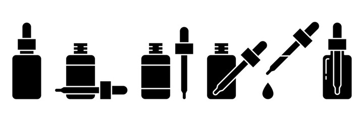 Dropper bottle icon set. Dropper serum or essential oil bottle with pipette icons. Dropper serum logo, label, badge, sticker, symbol, emblem, black, line, vector, isolated on white background.