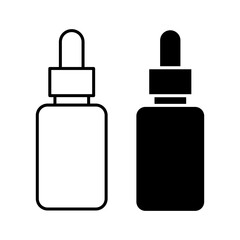 Dropper bottle icon set. Dropper serum or essential oil bottle with pipette icons. Dropper serum logo, label, badge, sticker, symbol, emblem, black, line, vector, isolated on white background.