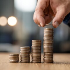 Hand Stacking Coins in Gradual Increase on Wooden Surface
