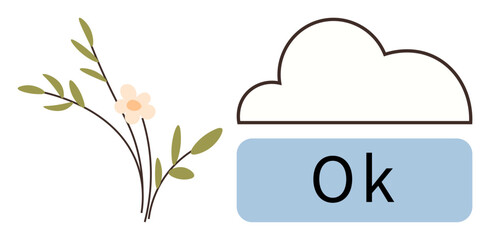 Soft leafy branch with pastel flower complements simple outlined cloud over Ok text block. Ideal for nature, weather, positivity, simplicity, wellness, digital communication, minimalist design