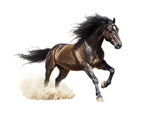A magnificent horse in full gallop, kicking up sand.