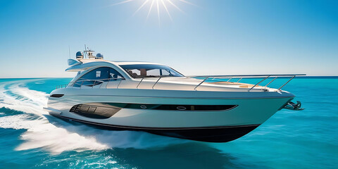 Sleek White Yacht Cruising on Turquoise Water Under Bright Sun

