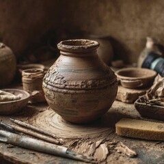 Handcrafted Pottery in Artisan Workshop with Tools and Materials
