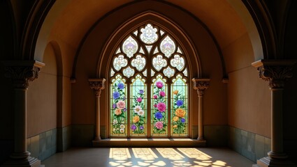 Ornate stained glass window with floral motifs in a vaulted hall.