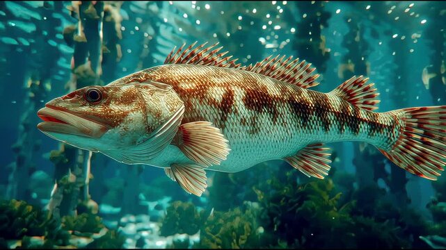 A close-up underwater view of a cod swimming in a clear, deep sea environment surrounded by aquatic vegetation and other fish