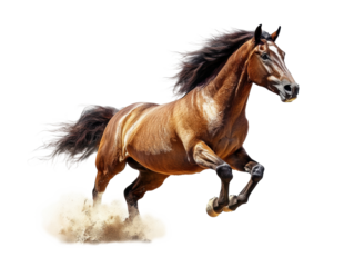 A powerful horse in motion, kicking up dust.