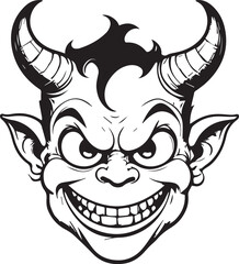 Fiendish Grin Portrait: A monochrome illustration of a devilish face, grinning malevolently, capturing the essence of mischief, malevolence, and sinister intentions. 