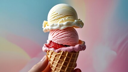 Indulge in a delightful double scoop ice cream cone, a perfect sweet treat for warm summer days, captured with vibrant colors and creamy textures.