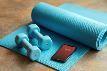 Blue dumbbells and smartphone resting on a textured exercise mat, showcasing fitness equipment and workout essentials for a healthy lifestyle and home gym environment