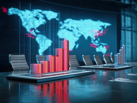Futuristic conference room with data visualizations