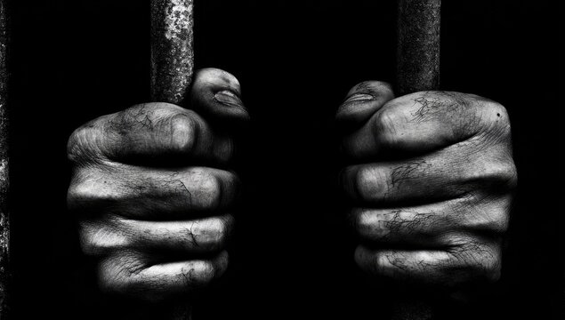 Two hands clasped tightly on metal bars against a black background