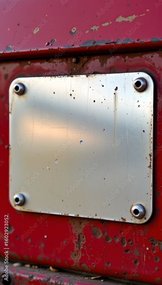 Poster blank metallic plate: a close-up shot shows a pristine metallic plate, mounted on a weathered red su