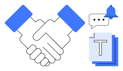 Two hands shaking symbolize partnership, speech bubble for communication, bell notification for alerts, and stacked documents for information sharing. Ideal for teamwork, collaboration