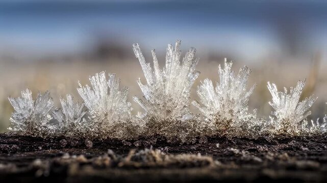 An artistic closeup reveals frostcovered crystals clinging to an empty field manger showcasing natures artistry. The fine details and sharp angles of the icy formations create a striking