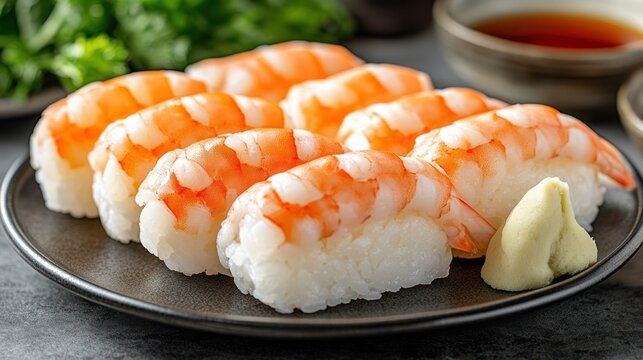 Fresh shrimp sushi on a dark plate, with a light yellow sauce