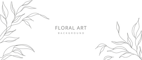 Floral background with minimalistic branches and leaves in line art style. Frame of leaves. Hand drawn botanical elements. Vector illustration