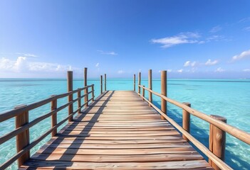 Obraz premium Rustic wooden dock extending into calm turquoise tropical sea, wharf, horizon