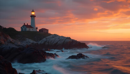 Lone lighthouse on rugged coast glows warmly at sunset with gentle ocean waves.
