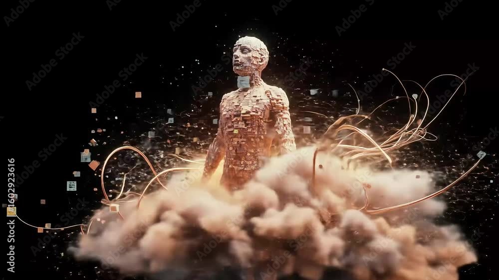 Poster digital human figure emerging from a cloud of particles, surrounded by abstract technology elements