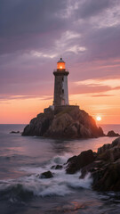 Naklejka premium Lone lighthouse on rugged coast glows warmly at sunset with gentle ocean waves. 