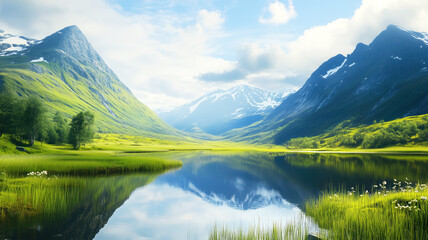 Obraz premium Serene mountain landscape with lush greenery and reflective lake in daylight