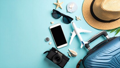 Travel essentials arrangement on light blue background with sunglasses smartphone camera airplane and suitcase