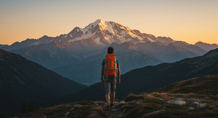 Fototapeta premium A lone hiker watches the sun rise over quiet, snow-covered mountain peaks.